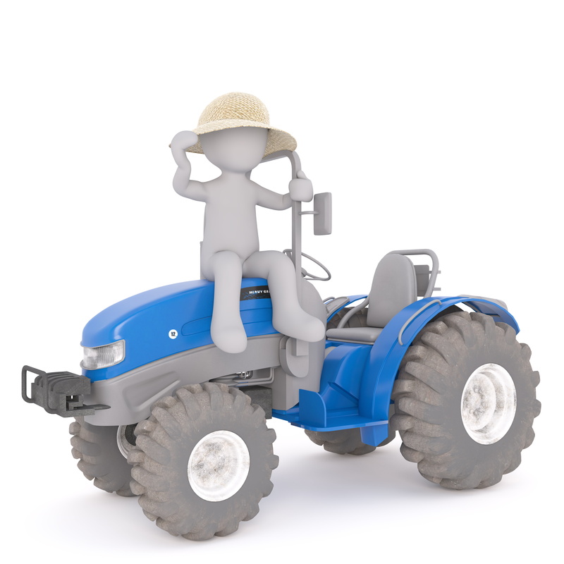 agriculture, toy, hat, land vehicle, to farm, tire, 8K, sit, human representation, technology, 3d, full body, white color, 3d model, copy space, still life