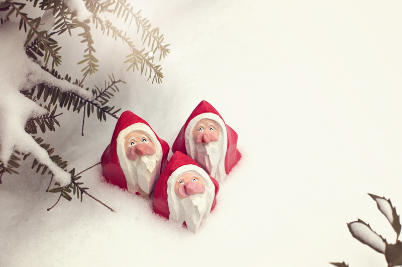traditional, winter, two people, claus, celebration, seasonal, three, togetherness, holiday - event, clothing, santa hat, hat, men, adult, figurines, tree