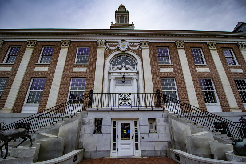 burlington city hall, sculpture, burlington vt, building, entrance, administrative office, the past, building exterior, outdoors, staircase, bench, door