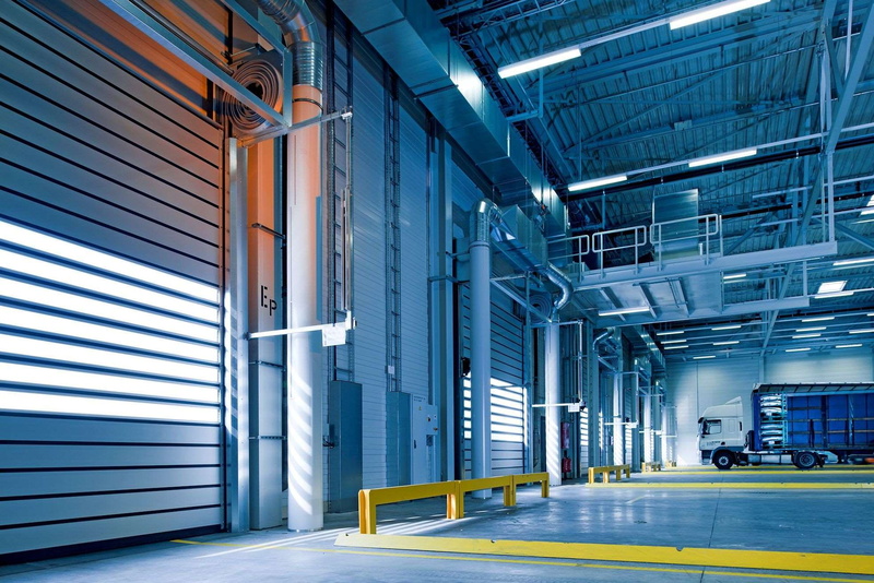 1080P, perspective, metal, truck, modern, illuminated, office building exterior, blue, warehouse, lighting equipment, transportation, steel, architectural column
