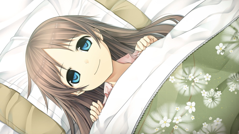 blue, pillows, lying, anime, games, abstract, hair, visual, cg, Video Games, eyes, beds, d, art, game, 2K, video, long, brunettes, hd, smiling, novel
