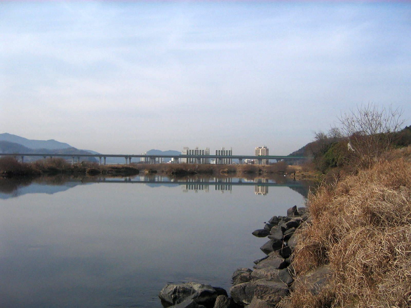 reflection, architecture, city, across, river, landscape, korea, tranquility, sky, miryang, waterfront, tranquil scene, nature, cloud - sky, no people