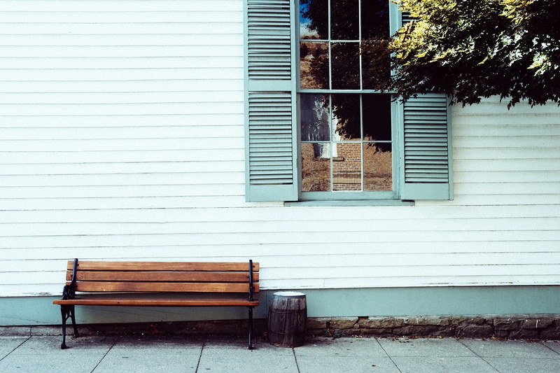 architecture, shutters, park bench, siding, bench, wood, building exterior, nature, wooden, no people, outdoors, seat, house, building, wood - Material