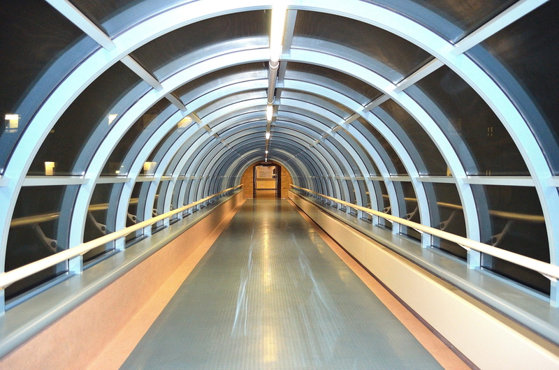 brown, glass - material, pattern, flooring, transportation, ceiling, tiled floor, tunnel, building, corridor, footpath, diminishing perspective, modern