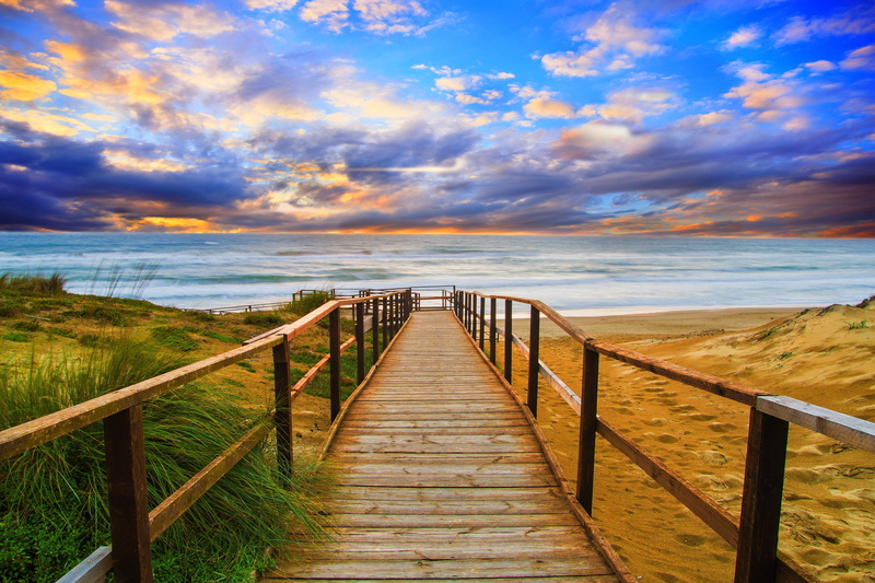 blue, cloud - Sky, summer, sunset, wood, footpath, 5K, grass, cloudscape, dawn, footbridge, mountain, wood paneling, dusk, railing, horizon over water