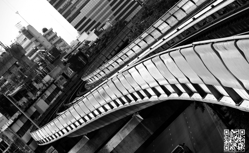 bangkok, connection, elevated walkway, surawong, 2K, low angle view, no people, Thailand, white, outdoors, Architecture, Black and White, Cityscape, office building exterior