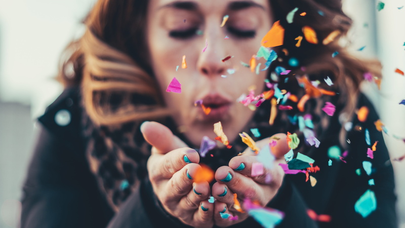 food, one person, blowing, multi colored, paper, sweet, 5K, selective focus, focus, human hand, hand, indoors, adult, photography, confetti, close-up