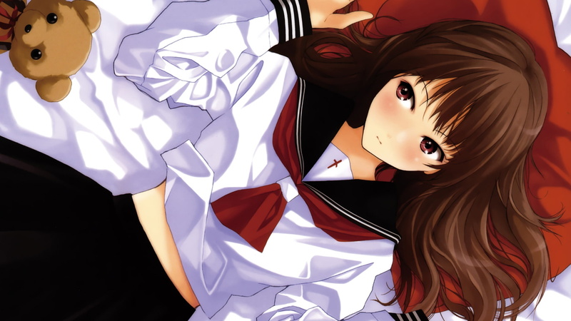 teddy, art, animals, red, hair, hd, anime, girls, school uniforms, schoolgirls, bears, eyes, long, 1080P, x, uniforms, school
