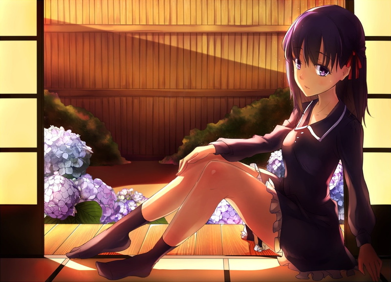 matou, eyes, flowers, school, 720P, anime, hd, socks, hair, art, uniforms, fatestay, stay, Fate/stay Night, purple, sakura, fate, night, skirts