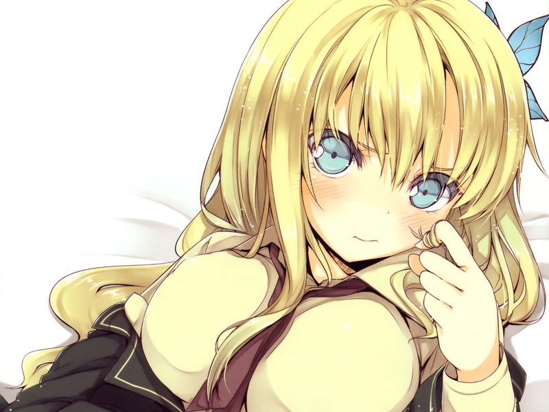 1080P, eyes, Butterfly, hair, hd, animals, lying, art, school, boku, schoolgirls, blondes, blue, tie, shirts, long, w, blush, butterflies, uniforms
