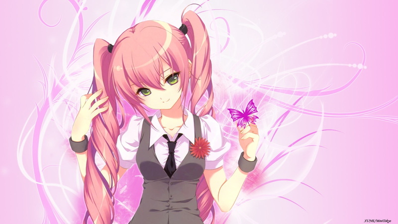 Flowers, p, tie, hair, butterflies, 720P, uniforms, hd, luka, schoolgirls, eyes, pink, school, vocaloid, butterfly, animals, megurine, art, green, long