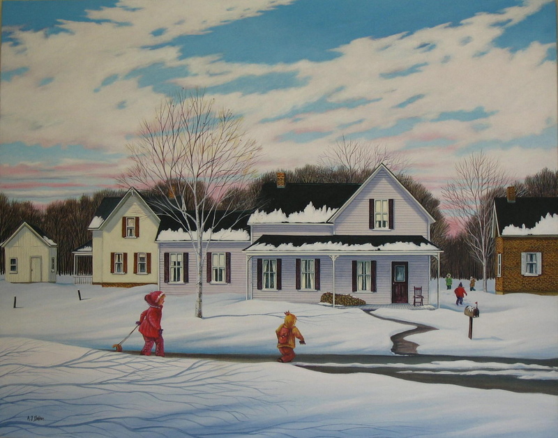 playing, mail box, s, wood pile, chair, sports, townroad, houses, snow, day, cold, 1080P, games, activity, village, winter