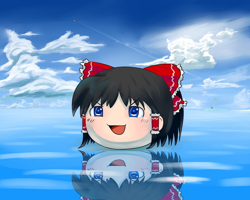 cloud - sky, sunlight, red, scarf, childhood, reflection, sky, clip, front view, representation, hair, waterfront, real people, water, hakurei reimu mei sou