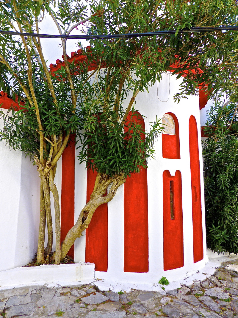belief, growth, stripe, house, red, architectural column, color, tree, entrance, colourful, nature, white color, decoration, day, arch, no people, circular