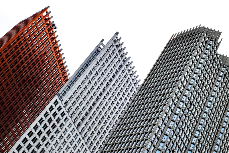 netherlands, day, clear sky, outdoors, low angle view, pattern, office building exterior, architecture, no people, tall - high, den haag, city, glass - material