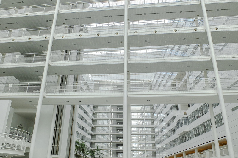 urban, built structure, den haag, inside, low angle view, city, pattern, office building exterior, window, white, outdoors, 4K, netherlands, no people