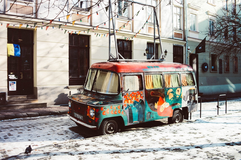 car, urban, transportation, red, snow, road trip, art, road, motor vehicle, parked, beside, caravan, day, cold, vintage, bus, building, architecture, building exterior
