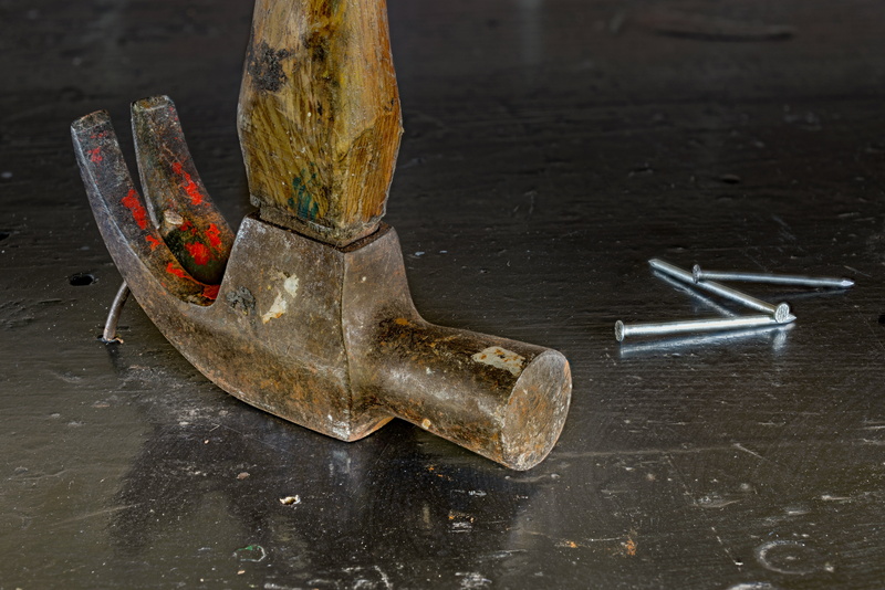 no people, metal, hammering, carpentry, high angle view, wood - Material, equipment, wood, tool, working, hammer, table, hand tool, repair, craft, stacked focus