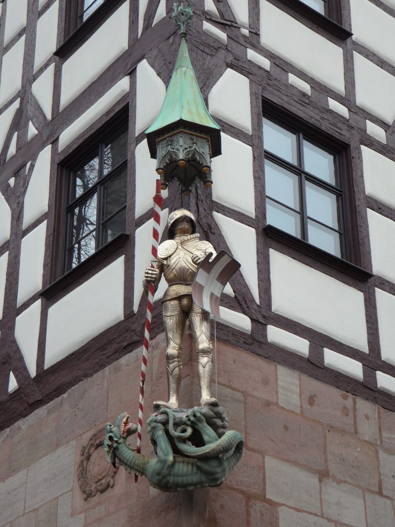 nuremberg, statue, low angle view, wall - building feature, architecture, truss, fachwerkhaus, middle ages, facade, no people, art and craft, 4K, nature