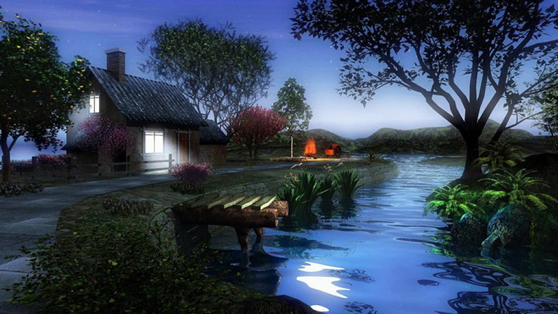 house, tree, architecture, growth, bank, water, building exterior, reflection, outdoors, built structure, sky, no people, home, residential district, garden