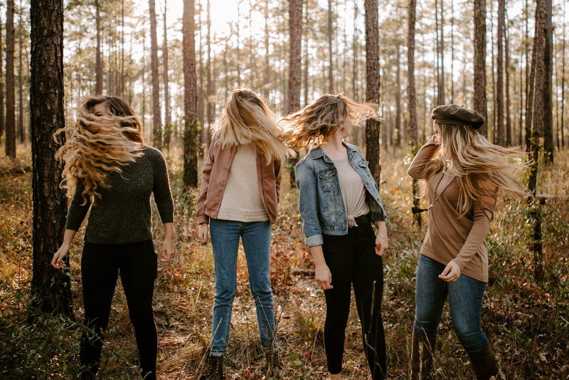 portrait, group, lifestyles, blonde, day, plant, roomies, female, forest, land, group of people, young women, jeans, standing, teenager, woman, flipping
