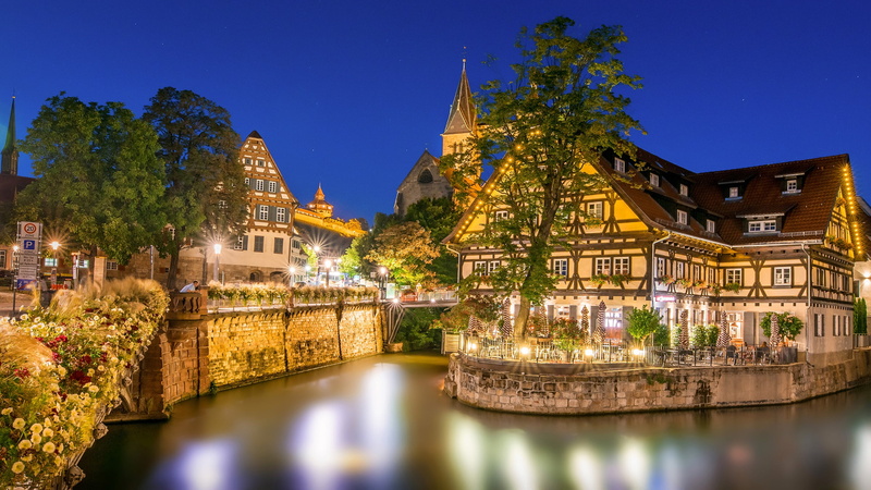 trees, night, channel, lights, Esslingen, Germany, 2K, home