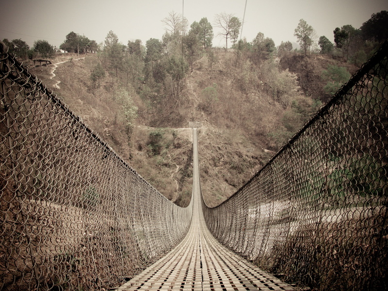 trees, direction, transportation, tranquil scene, outdoors, bridge, track, fog, nature, 2K, environment, sephia, the way forward, no people, land, vanishing point