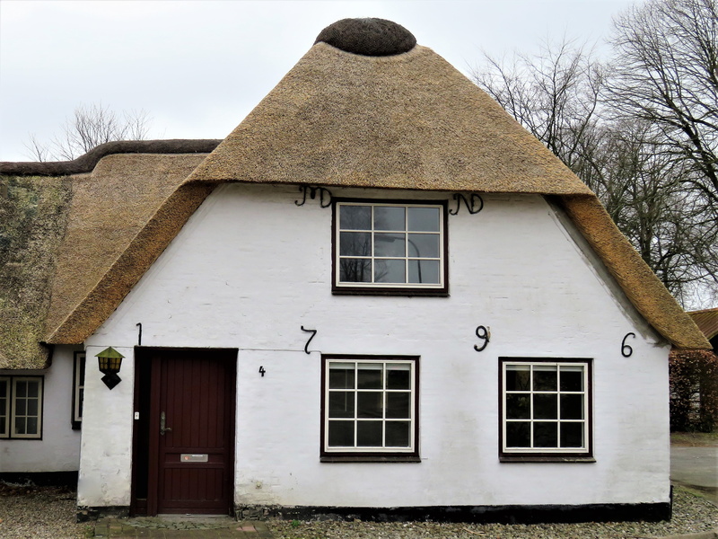 thatched cottage, no people, well maintained, window, built structure, residential district, building, house, cottage, white, sky, snow, plant, roof, bare tree
