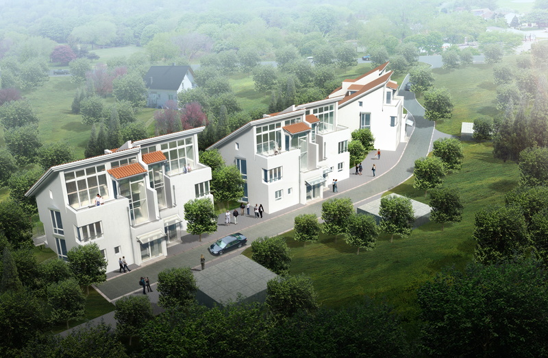outdoors, visualization, residential district, building exterior, white, landscape, plant, architectural visualization, rendering, no people, semi-detached house