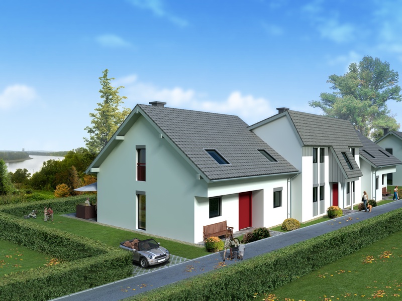building, built structure, visualization, sky, photography, day, cloud - sky, tree, house, semi-detached house, visualization 3d, field, villa, 4K, green color
