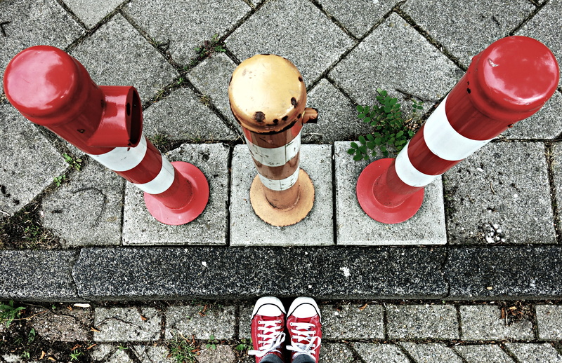 city, red-white barrier, human foot, unrecognizable person, red, barrier, high angle view, real people, safety, shoe, footpath, human leg, directly above