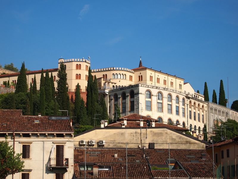 verona, residential district, 4K, no people, the past, sky, building, italy, city, building exterior, plant, blue, colle san pietro, built structure, sunlight