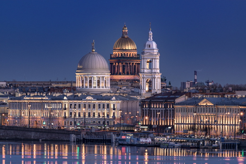lighting, river, the city, ships, dome, Isaac Coll, Peter, Saint Petersburg, the evening, Neva, architecture, 1080P