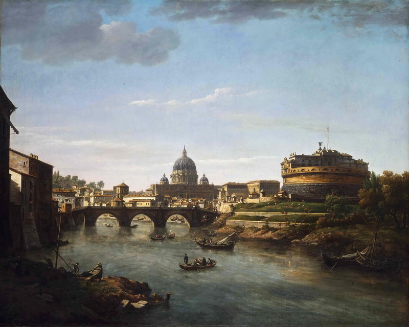 Cathedral, river, the sky, boat, picture, tower, clouds, the dome, Rome, bridge, the Tiber, people, William Marlow, 2K