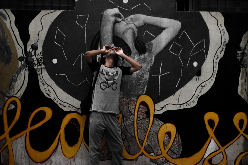 illustration, wall - building feature, men, graffiti, architecture, selective color, street, lifestyles, arms raised, young adult, design, adult, transportation