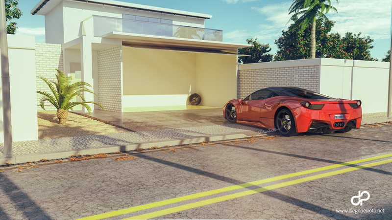 garage, motor vehicle, day, residential district, mode of transportation, nature, 2K, house, outdoors, no people, Ferrari 458, front or back yard, sunlight