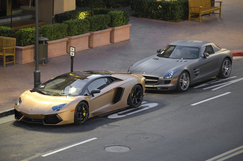 gold, gray, benz, 1080P, mercedes, sls, lamborgini, aventador, supercar, matte