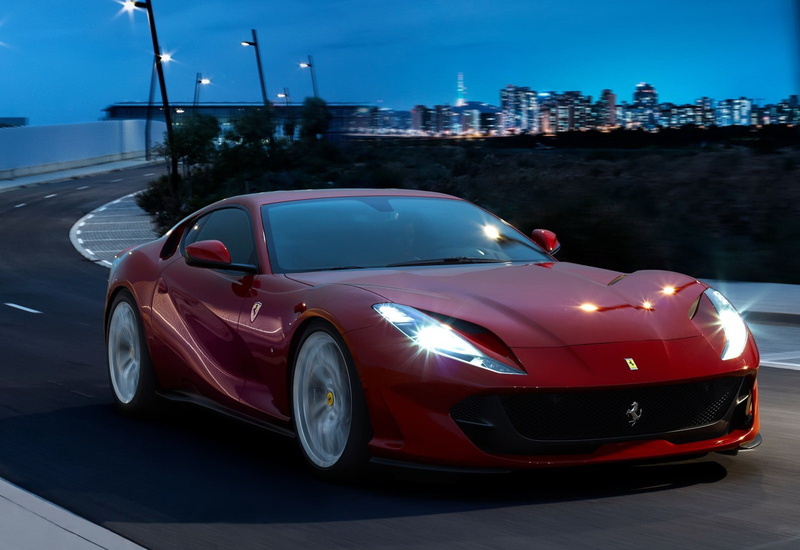 ferrari, (2018), street, road, superfast, red, cityscape, car, 812, building exterior, motion, illuminated, no people, architecture, 720P, motor vehicle