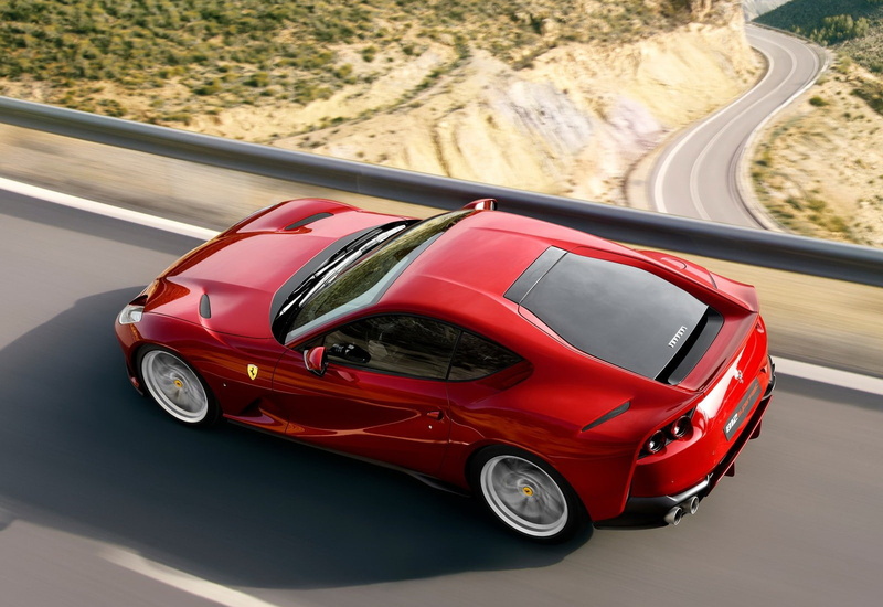 outdoors, car, 812, superfast, red, street, mode of transportation, motion, luxury, land vehicle, road trip, high angle view, ferrari, speed, no people