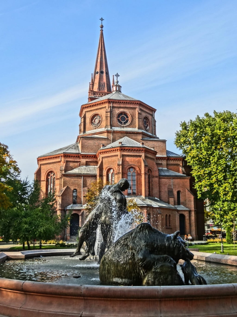 church, Deluge Fountain, spire, tree, no people, Bydgoszcz, nature, travel destinations, representation, building, built structure, poland, figures, 720P