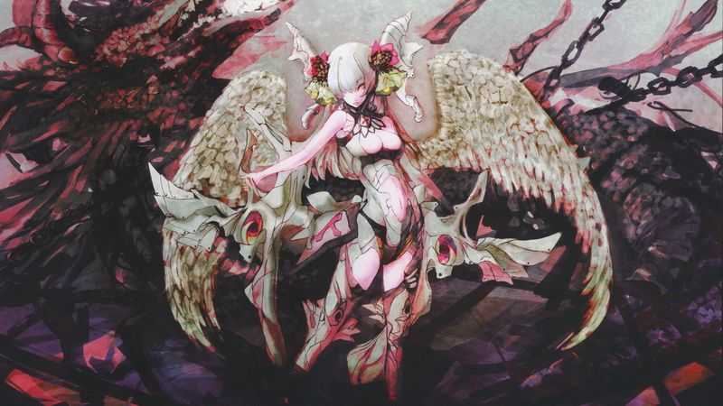 original, scans, girl, white, girls, ornaments, shoulders, dragon, long, horns, bare, monster, iori, navel, wings, 5K, eyes, hair, characters, bangs, face
