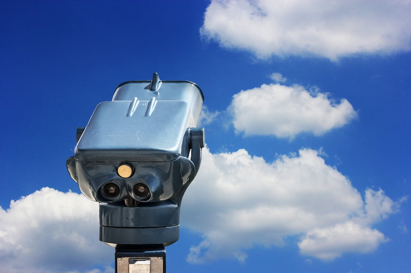 blue, watch, viewpoint, low angle view, telescope, binoculars, day, foresight, cloudscape, street, distance, panorama, clouds, technology, no people, overview