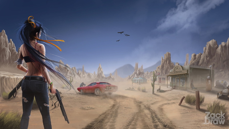 1080P, Desert, Day, Shotgun, Concept Art, Zombie infestation in desert, Auto, Environments, by Zack Draw, Girl, Zombie, Machine, Weapons, Figure, Zack
