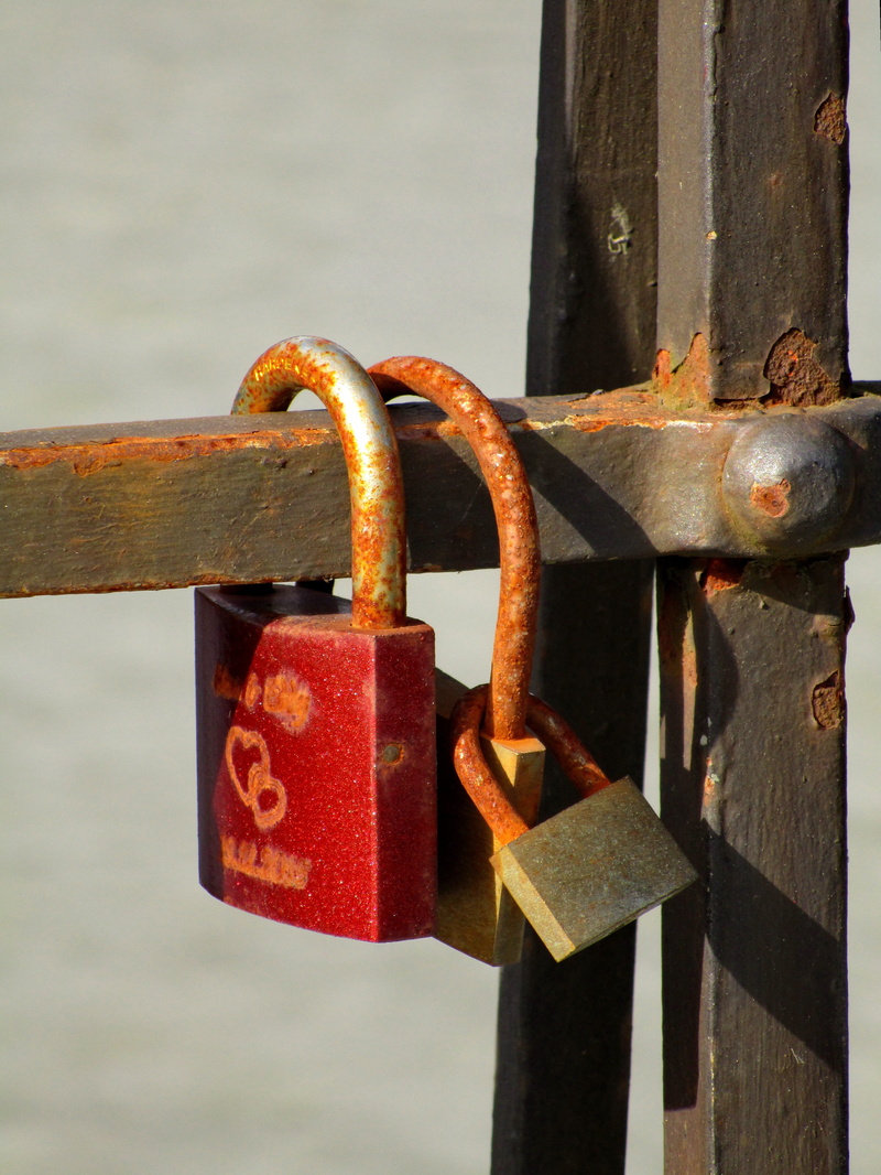 latch, day, connectedness, fence, padlock, closed, anti-theft device, castle, elder, hanging, u-lock, gate, bridge, focus on foreground, love, protection