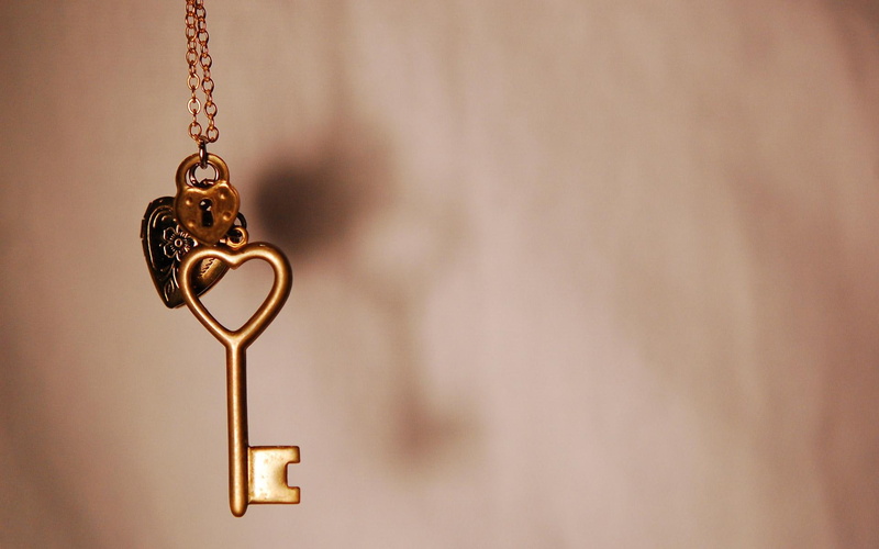 love, 3d and abstract, golden, lock, key, 1080P
