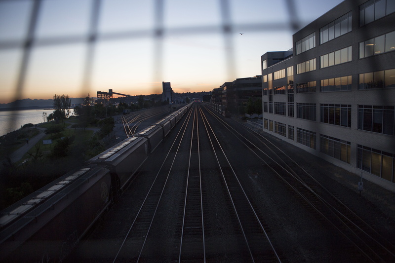 train track, lines, city, leading lines, no people, track, transportation, public transportation, architecture, train - vehicle, sunset, skyscraper, united states