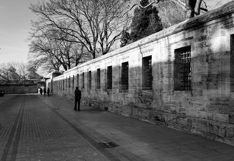 street, the way forward, black and white, incidental people, plant, sky, black, turkey, walk, bare tree, sleymaniye, istanbul, shadow, arch, 4K, full length
