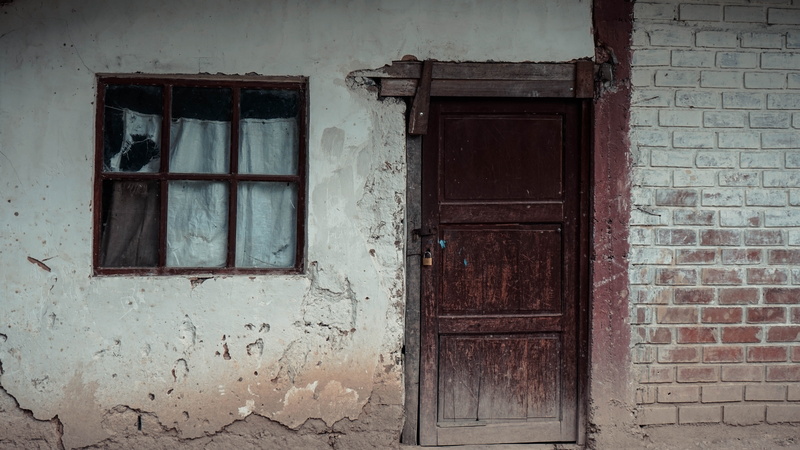 wall - building feature, abandoned, door, old, walkway, linen, ice, architecture, glass - material, window, built structure, housing, path, clothing, deterioration