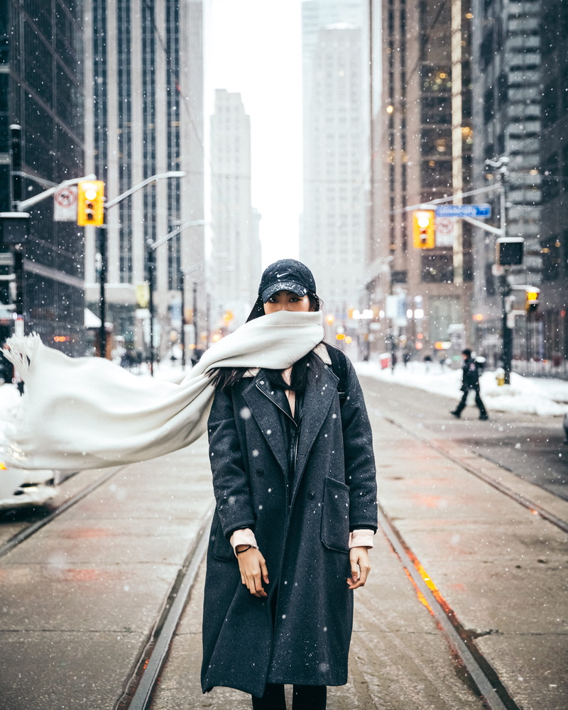 winter, lifestyles, city, cold temperature, transportation, 4K, architecture, road, middle, woman, snow, clothing, portrait, snowing, outdoors, day, real people