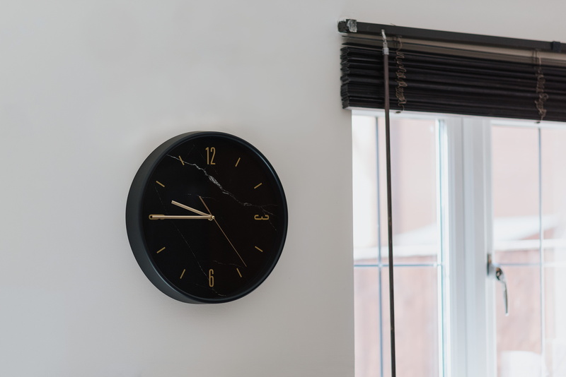 circle, window blinds, no people, instrument of time, white wall, window, round, wall clock, steel, classic, clock, minute hand, modern, black color, room